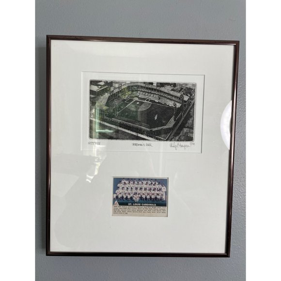 Sportsman Park Etching by Philip C. Thompson with 1956 Topps St. Louis Cardinals